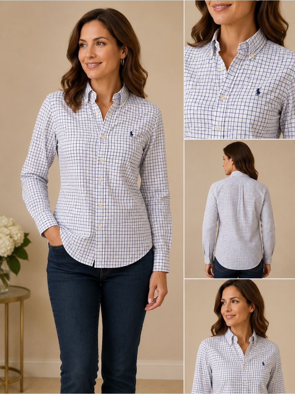 Polo by Ralph Lauren White Button-Down Shirt with Navy Windowpane Grid